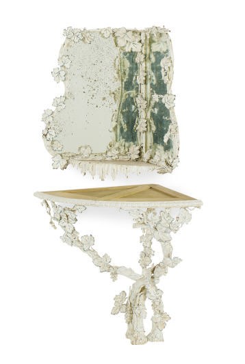 AN ENAMELED METAL CORNER CONSOLE TABLE AND MIRROR,