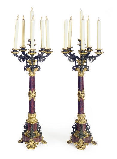 A PAIR OF NAPOLEON III PATINATED, GILT-BRONZE AND ROUGE MARBLE SIX-LIGHT CANDELABRAS,