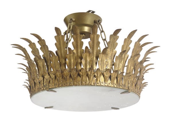 A GILT-METAL AND FROSTED GLASS CHANDELIER,