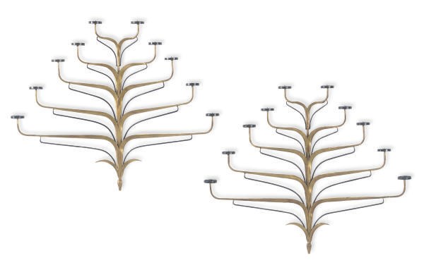 A PAIR OF ITALIAN ENAMELED AND GILT-METAL WALL LIGHTS,