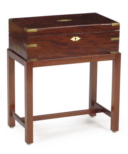 A VICTORIAN BRASS-MOUNTED MAHOGANY LAP DESK ON LATER STAND,