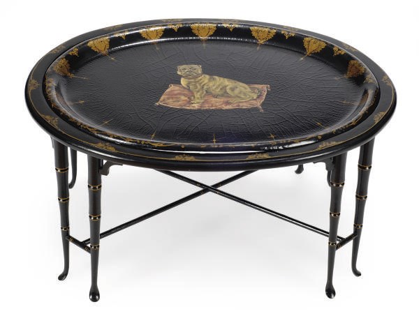 A VICTORIAN BLACK PAPIER MACHE AND GILT-DECORATED TRAY ON LATER STAND,
