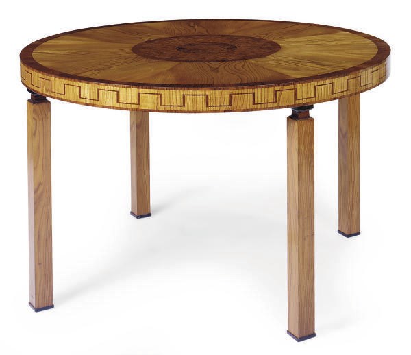 A SWEDISH ASH, MAHOGANY AND BURLWOOD CENTER TABLE**,
