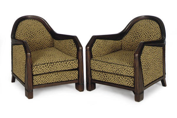 A PAIR OF GRAIN-PAINTED AND LEOPARD-PRINT UPHOLSTERED BERGERES,