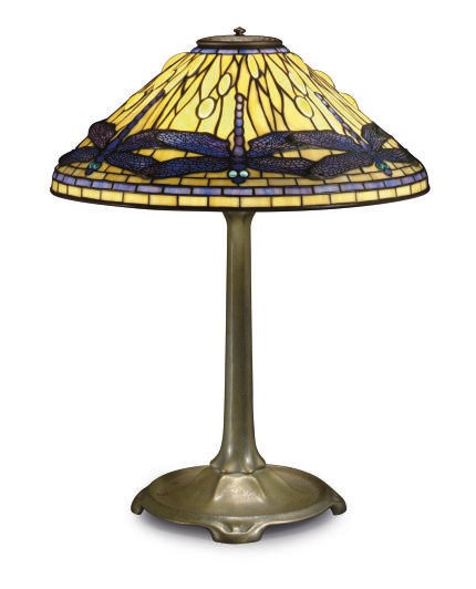 A GILT-BRONZE AND LEADED GLASS 'DRAGONFLY' TABLE LAMP,