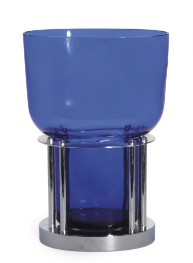 AN ITALIAN SILVERED METAL AND BLUE GLASS CENTER BOWL,