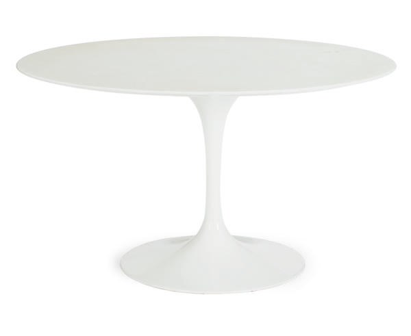 AN ENAMELED METAL AND MARBLE CIRCULAR DINING TABLE,