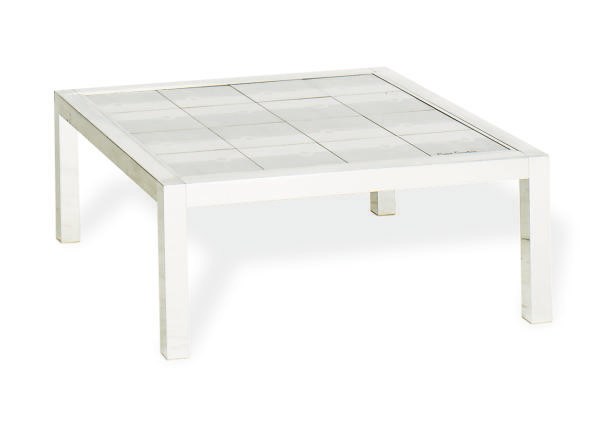 AN ALUMINUM AND GLAZED CERAMIC TILE COFFEE TABLE,