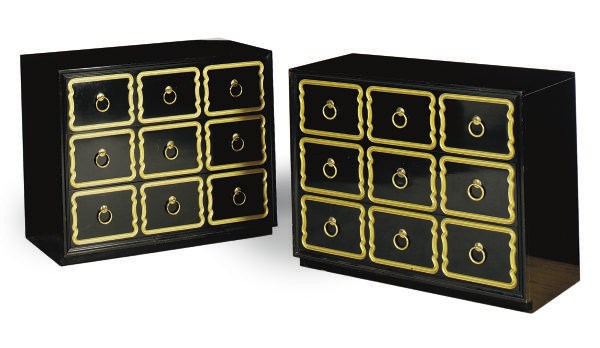 A PAIR OF EBONIZED AND PARCEL-GILT CHESTS-OF-DRAWERS,