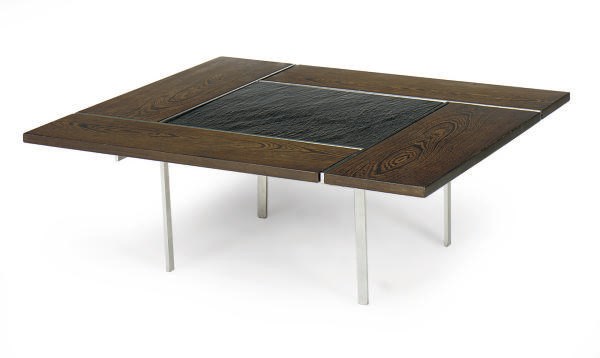 A WENGE, SLATE AND STEEL COFFEE TABLE,