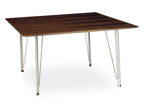 A DANISH ROSEWOOD AND CHROMED-METAL DINING TABLE**,
