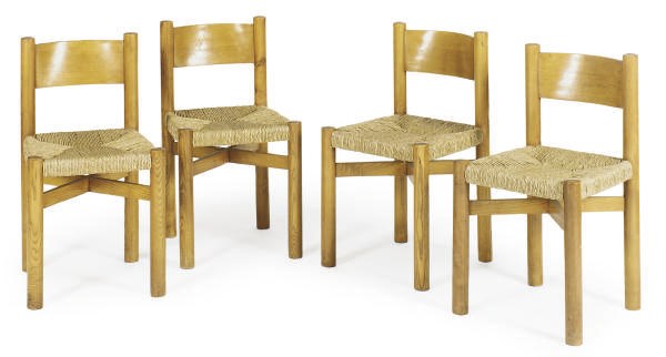 A SET OF FOUR ASH AND RUSH-SEAT 'MERIBEL' CHAIRS,