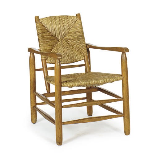 AN OAK AND RUSH-SEAT ARMCHAIR,