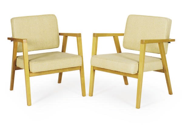 A PAIR OF BEECHWOOD AND UPHOLSTERED ARMCHAIRS,