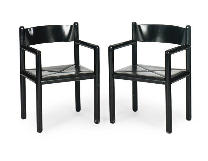 A PAIR OF EBONIZED ARMCHAIRS,