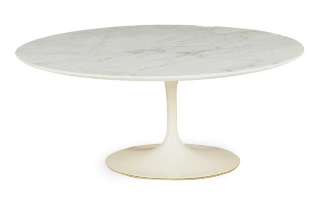 AN ENAMELED METAL AND MARBLE COFFEE TABLE,