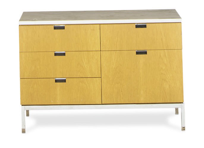 AN OAK, CHROMED-METAL AND MARBLE CABINET,