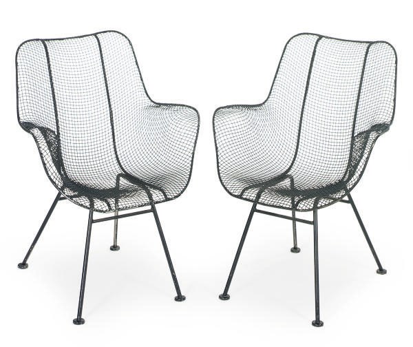 A PAIR OF ENAMELED METAL ARMCHAIRS,