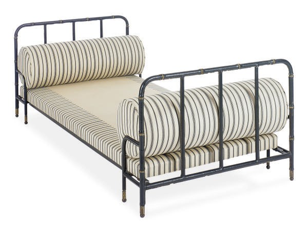 A FRENCH LEATHER AND METAL DAYBED,