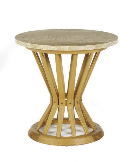 AN ASH AND MARBLE SIDE TABLE,