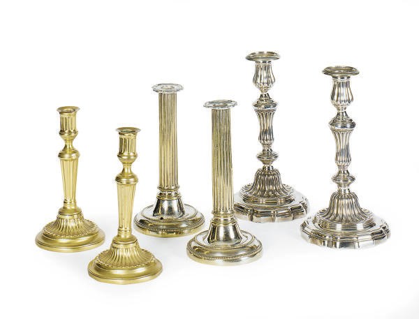 A GROUP OF TEN SILVER-PLATED, SHEFFIELD PLATE AND ORMOLU CANDLESTICKS,