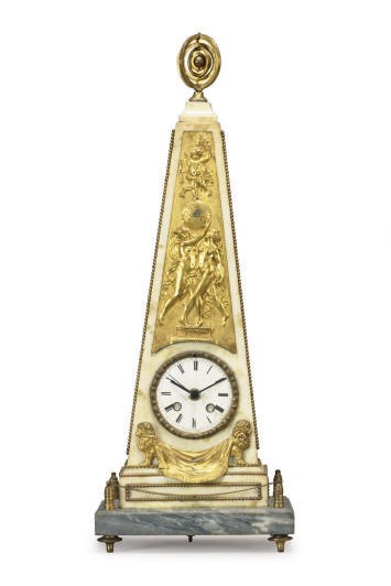 A LOUIS XVI ORMOLU AND WHITE AND GREY MARBLE MANTEL CLOCK,