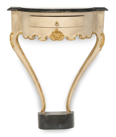 A CONTINENTAL PAINTED, PARCEL-GILT AND FAUX MARBLE CONSOLE TABLE,