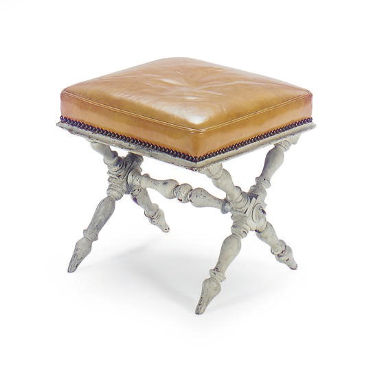 A CONTINENTAL GREY-PAINTED AND UPHOLSTERED X-FRAME STOOL,
