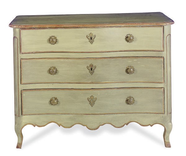 AN ITALIAN GILT-METAL MOUNTED PAINTED AND PARCEL-GILT SERPENTINE COMMODE,