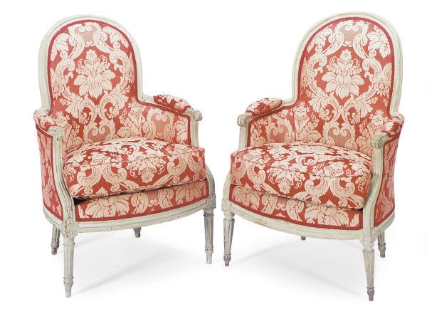 A PAIR OF LOUIS XVI GREY-PAINTED AND UPHOLSTERED BERGERES,