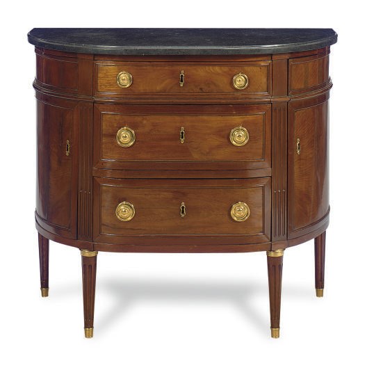 A FRENCH GILT-METAL MOUNTED MAHOGANY AND MARBLE-TOP DEMILUNE COMMODE,