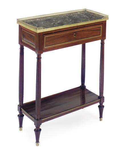 A LOUIX XVI GILT-METAL MOUNTED MAHOGANY AND MARBLE-TOP SIDE TABLE,
