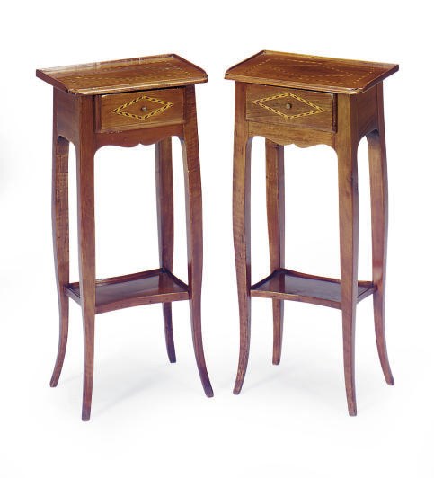 A PAIR OF CONTINENTAL INLAID FRUITWOOD SIDE TABLES,