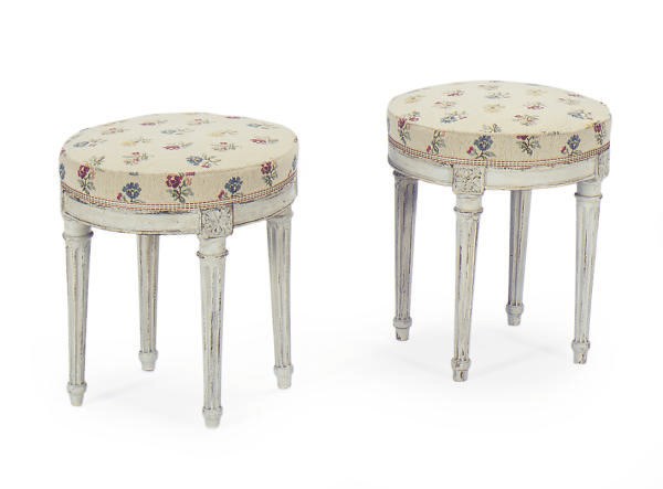 A PAIR OF LOUIS XVI GREY-PAINTED AND UPHOLSTERED STOOLS,