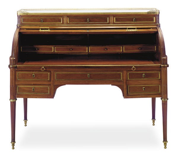 A LOUIS XVI GILT-METAL MOUNTED MAHOGANY AND MARBLE-TOP BUREAU CYLINDRE,