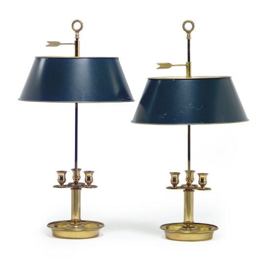 A PAIR OF GILT-METAL THREE-LIGHT BUILLOTTE LAMPS,