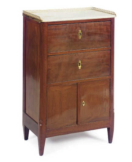 A FRENCH MAHOGANY AND MARBLE-TOP SIDE CABINET,