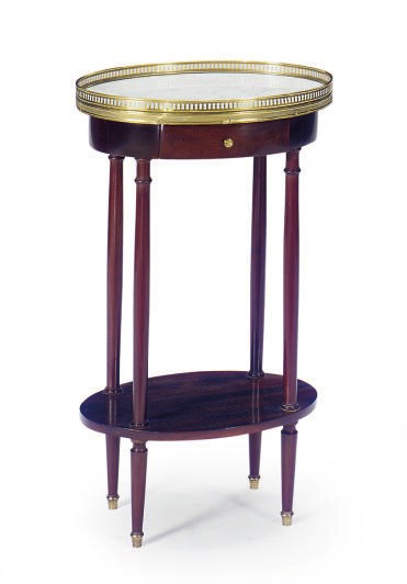 A GILT-METAL MOUNTED MAHOGANY AND MARBLE-TOP OVAL SIDE TABLE,