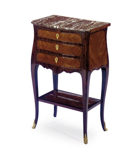 A LOUIS XV ROSEWOOD, TULIPWOOD AND MARBLE TOP TABLE A ECRIRE**,