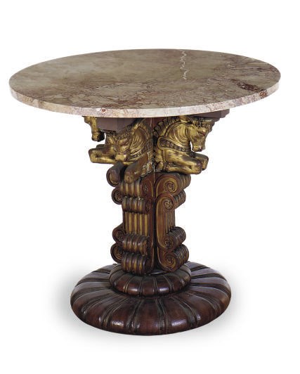 A CONTINENTAL STAINED-WOOD, PARCEL-GILT AND MARBLE-TOP CENTER TABLE,
