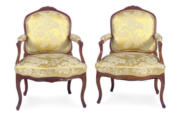 A PAIR OF LOUIS XV FRUITWOOD AND UPHOLSTERED FAUTEUILS,
