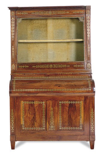 A ROSEWOOD AND BRASS-INLAID SECRETARY-BOOKCASE**,