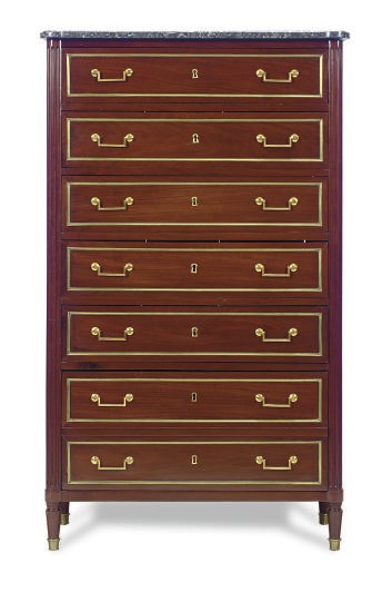 A LOUIS XVI ORMOLU-MOUNTED MAHOGANY AND MARBLE-TOP SEMAINIER,
