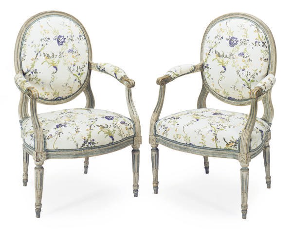 A PAIR OF LOUIS XV GREY-PAINTED AND UPHOLSTERED FAUTEUILS,