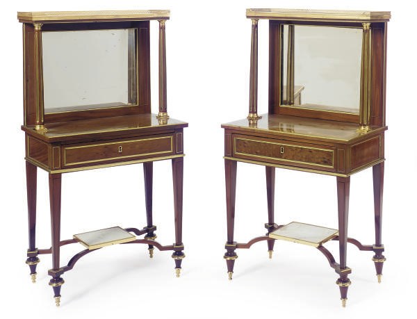 A NEAR PAIR OF BRASS-INLAID MAHOGANY AND PLUM PUDDING MAHOGANY MARBLE TOP CABINETS,