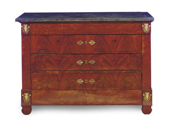 A FRENCH EMPIRE ORMOLU-MOUNTED MAHOGANY AND MARBLE-TOP COMMODE,