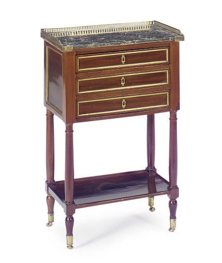 A FRENCH GILT-METAL MOUNTED MAHOGANY AND MARBLE SIDE TABLE,