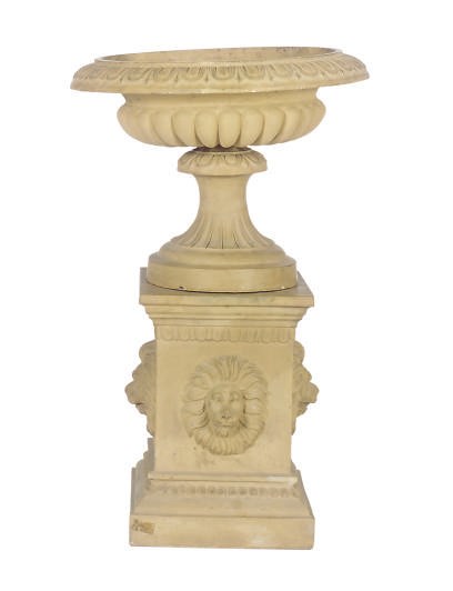 AN EARTHENWARE GARDEN URN ON PEDESTAL,