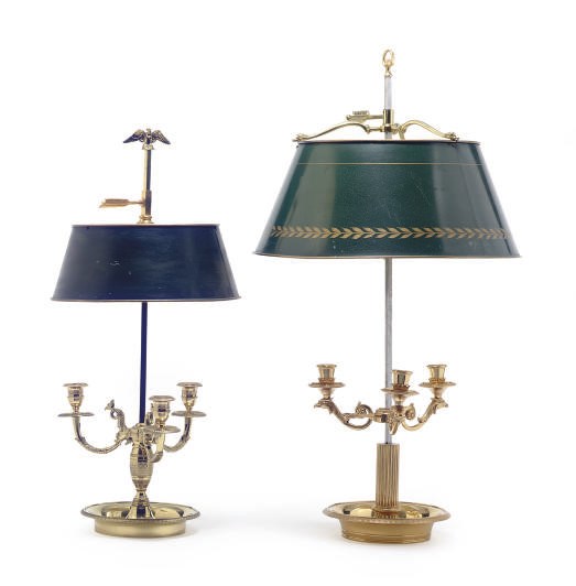 TWO GILT-BRONZE THREE-LIGHT BUILLOTTE LAMPS,