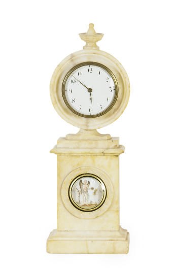 A CONTINENTAL ALABASTER TABLE CLOCK,